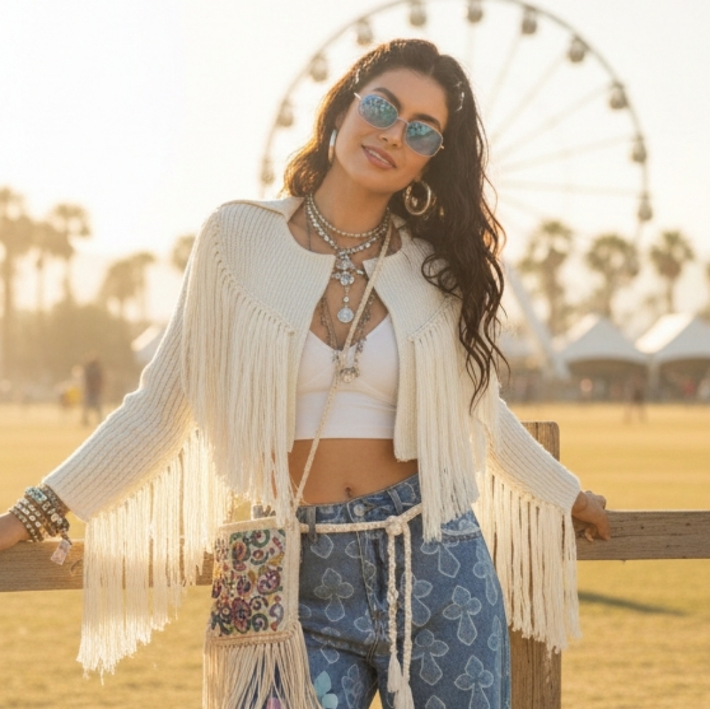 🌿CLEARANCE Cropped Fringe Zip Up Knit Sweater Festival Sexy Western Tassel Med